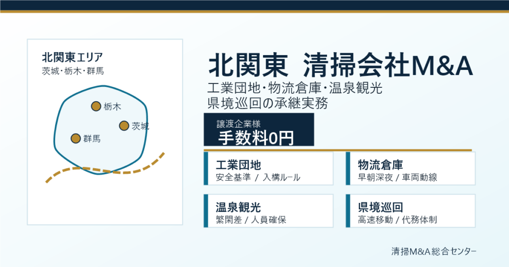 北関東・茨城・栃木・群馬の清掃会社M&Aで工業団地・物流倉庫・温泉観光・県境巡回の承継実務を整理するアイキャッチ