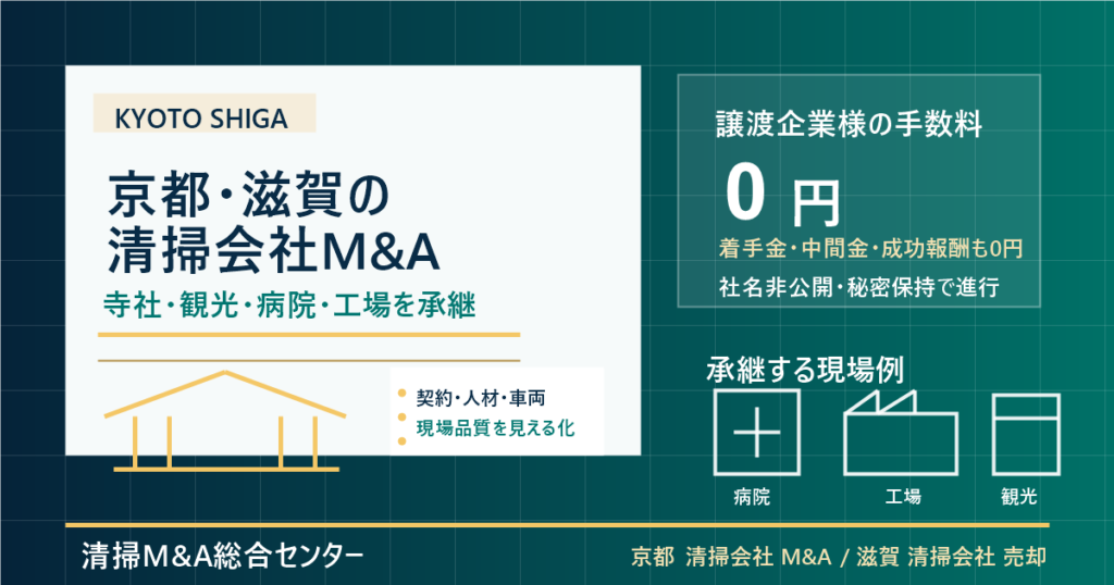 京都・滋賀の清掃会社M&Aで寺社・観光施設・病院・工場清掃の承継実務を整理するアイキャッチ