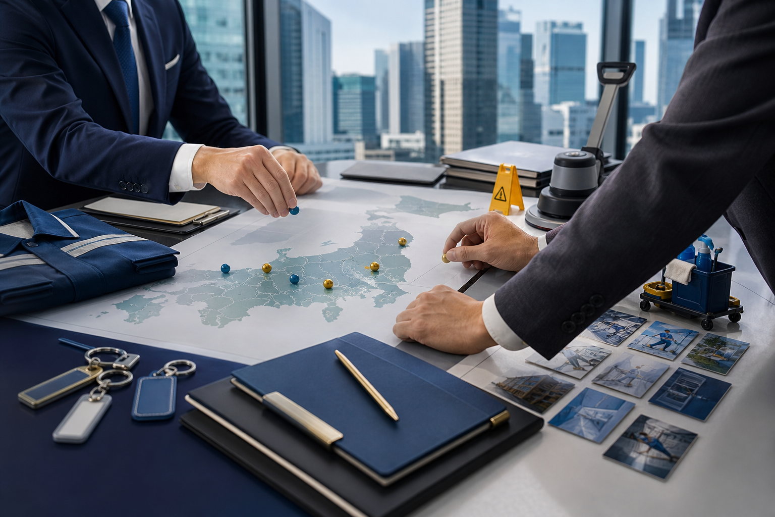 清掃会社の承継先候補を地図と資料で検討している買い手マッチングイメージ