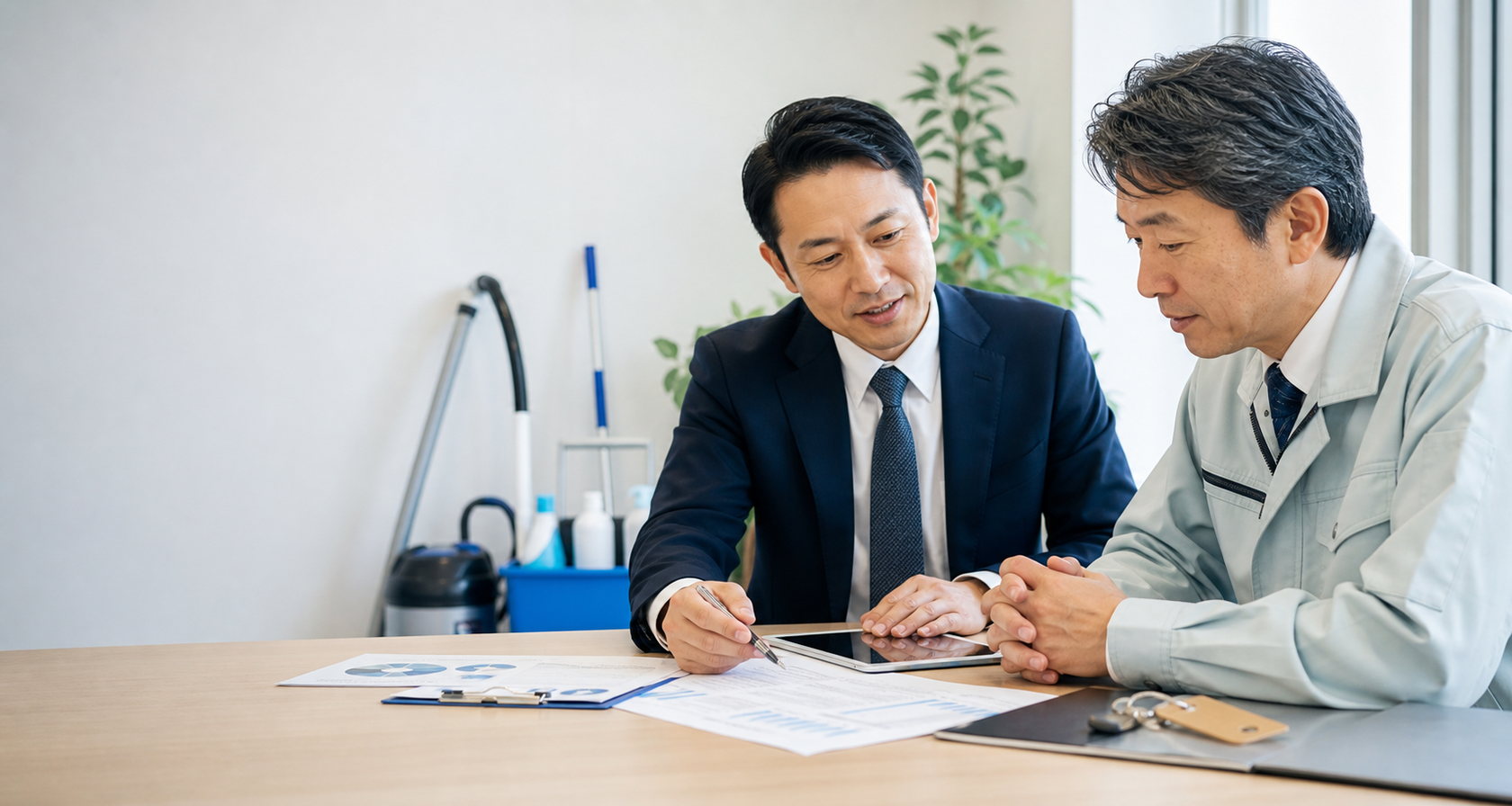 清掃会社の売却相談で経営者とM&Aアドバイザーが資料を確認している写真