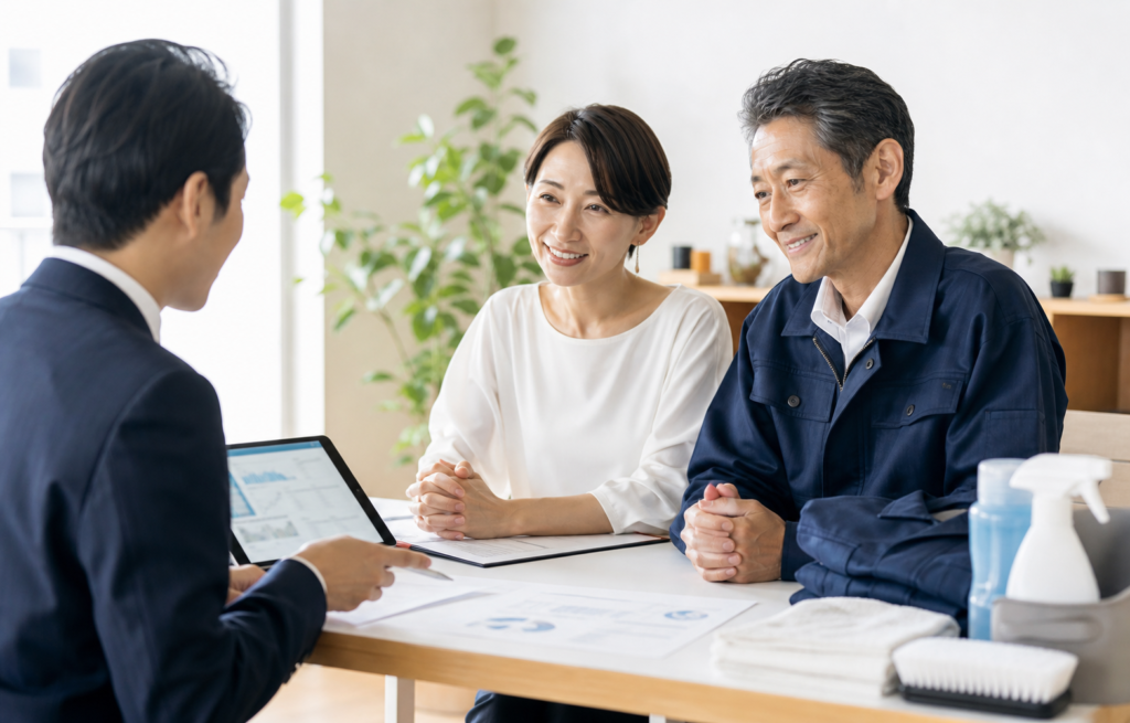清掃会社の経営者夫妻とアドバイザーが匿名相談で承継資料を確認している写真