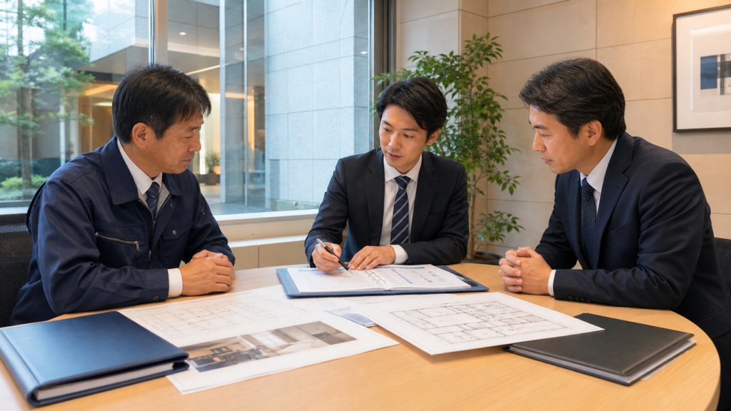清掃会社の経営者と建物管理者、M&Aアドバイザーが承継資料を確認している写真