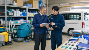 清掃会社の資機材と車両を棚卸ししている写真