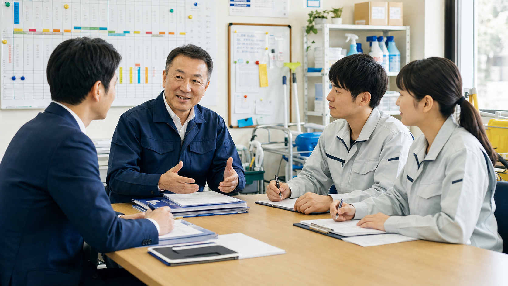 清掃会社の経営者と現場リーダーがスタッフ承継について打ち合わせている写真