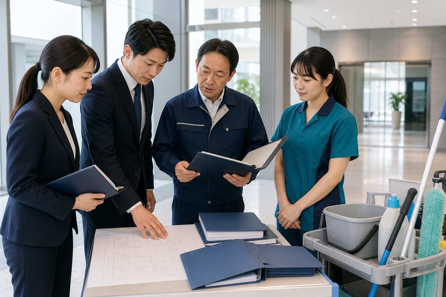 清掃会社M&Aの登録DDで担当者が営業所の登録証・監督者資格・研修記録を照合する様子