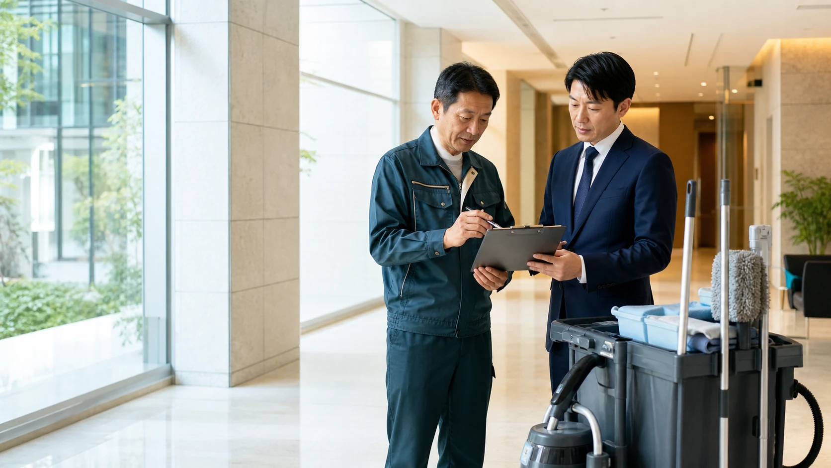 清掃会社の経営者と現場責任者、M&Aアドバイザーが事業承継について相談するイメージ