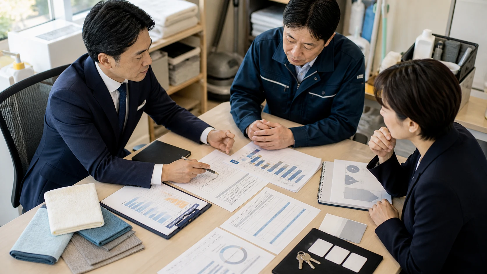 清掃会社M&Aで契約一覧、シフト、資機材、引き継ぎ計画を確認するイメージ